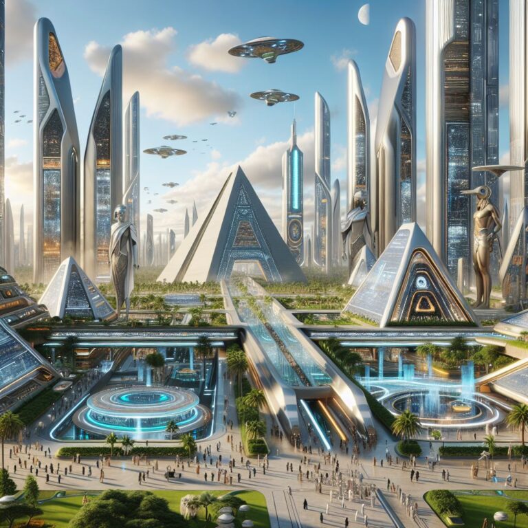 Futuristic Egyptian cities with futuristic pyramids