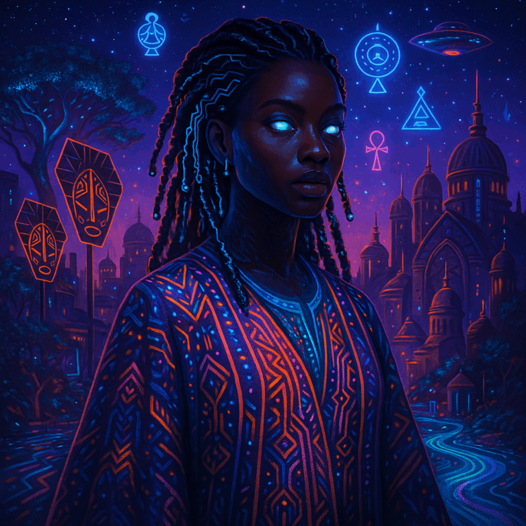 A futuristic, vibrant digital artwork representing Afrofuturism